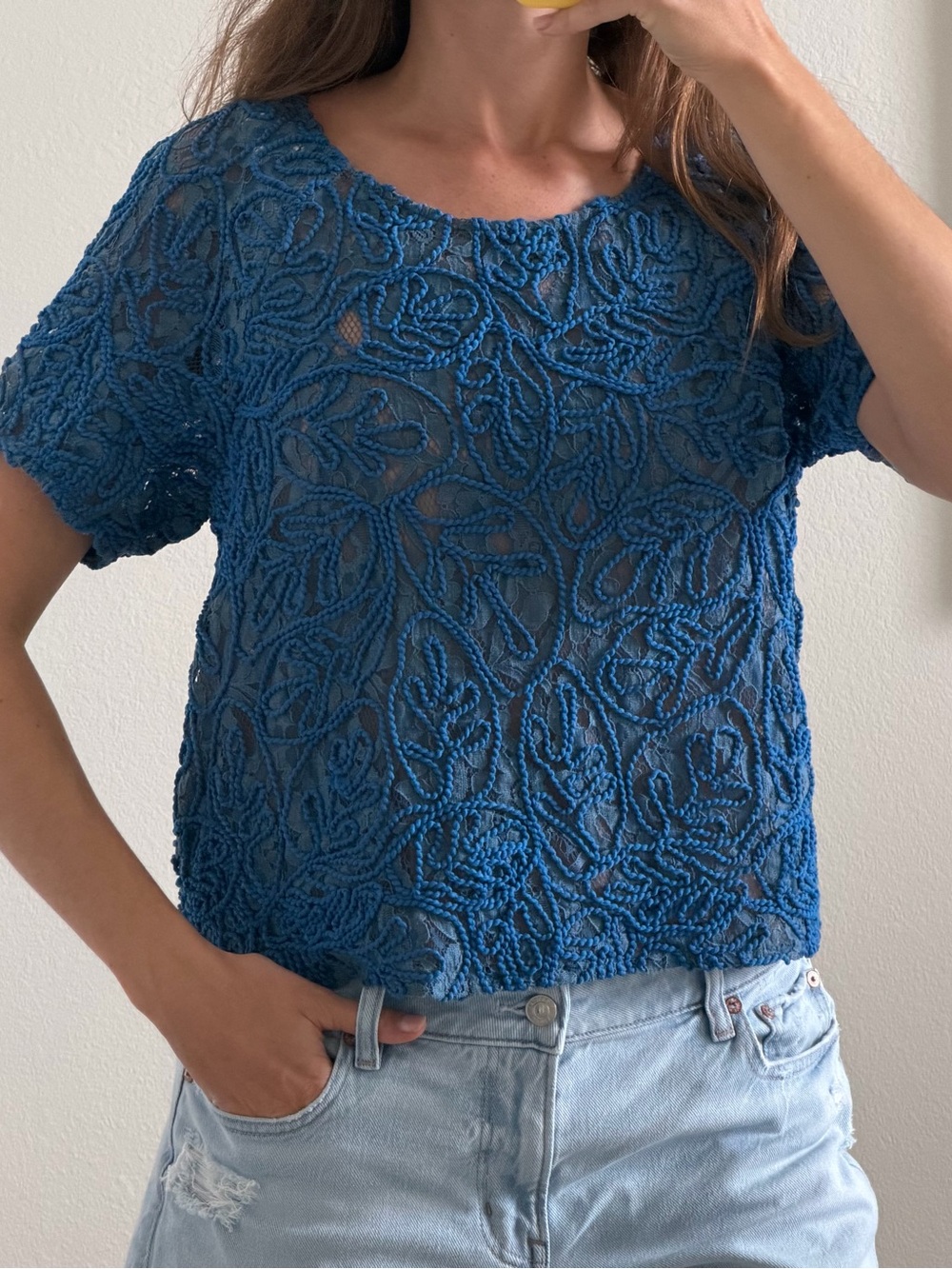 Tracy Reese Royal Blue Textured Short-Sleeve Blouse